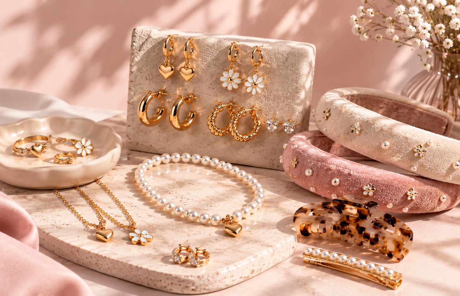 Aros dorados, collares de perlas, cintillos y pinches sobre una bandeja de piedra
